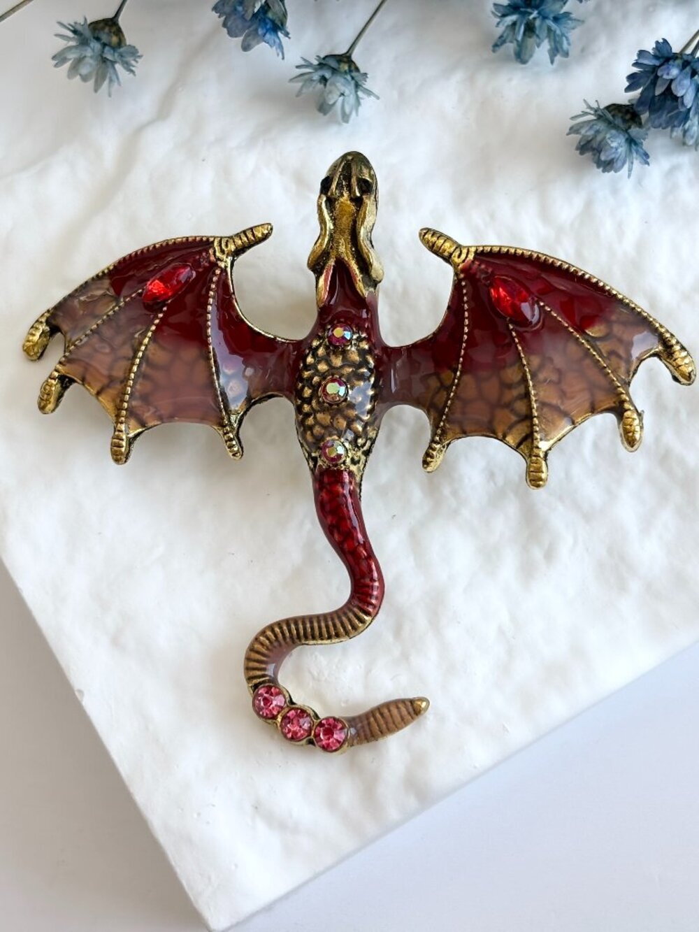 Flying Dragon Figural Red Winged Enameled Rhinestone Ornate Textured Brooch Pin